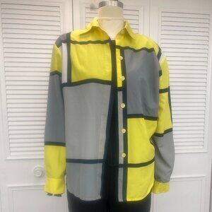 Vintage Retro Sz. M Yellow and Black 60s Blouse Mondrian Long Sleeve